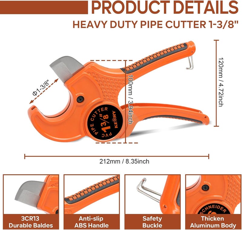 KERRY Hose Pipe Cutter, Up to 1-3/8" Ratcheting Heavy-Duty PEX POLY PE Plastic Hoses and Plumbing Tube Cutting Tool, Sharp Stainless Steel Blades, Thicken Aluminum Body Extended Handle - Image 2